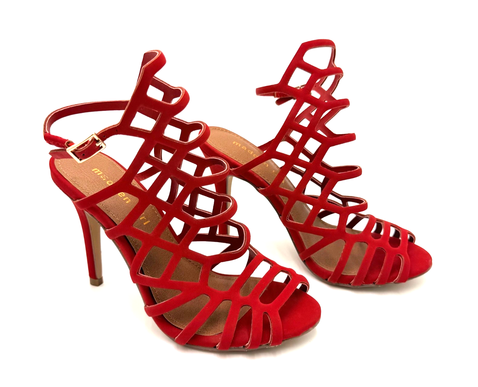 Madden Girl Red Cage High Heel Sandals Ankle Strap Women Size 6.5M Pre-Owned