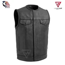 Men's SOA Collarless Leather Vest Motorcycle Biker Club Concealed Carry Outlaws