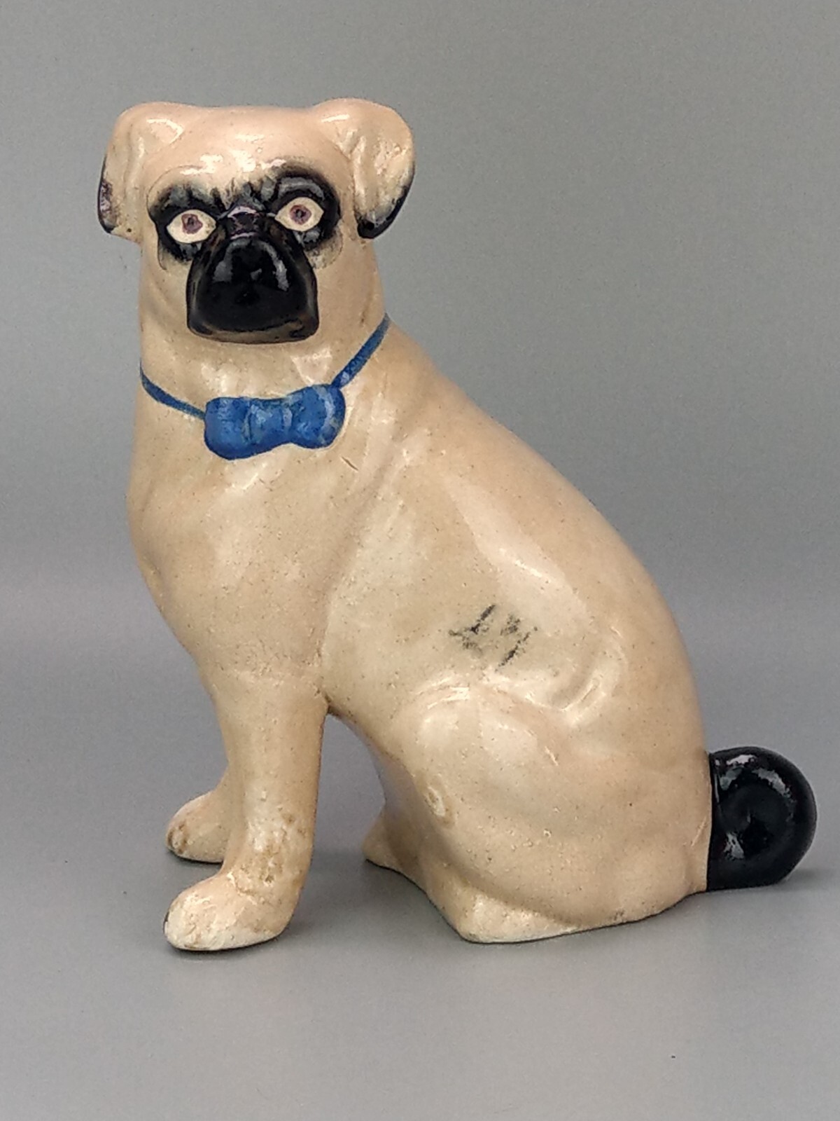 Antique Pug Dog with Blue Bowtie Figurine Staffordshire