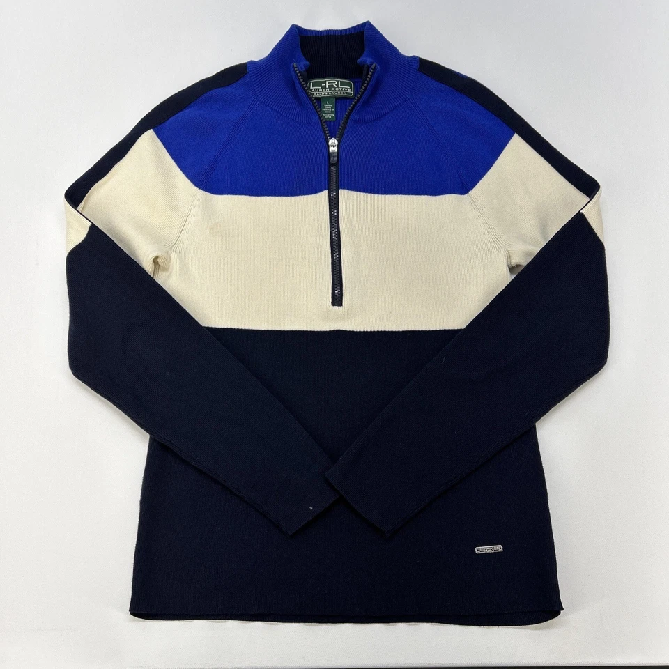 L-RL Lauren Active 1/2 Zip Pullover Sweater Womens L Navy Off White Blue - Image 2 of 4