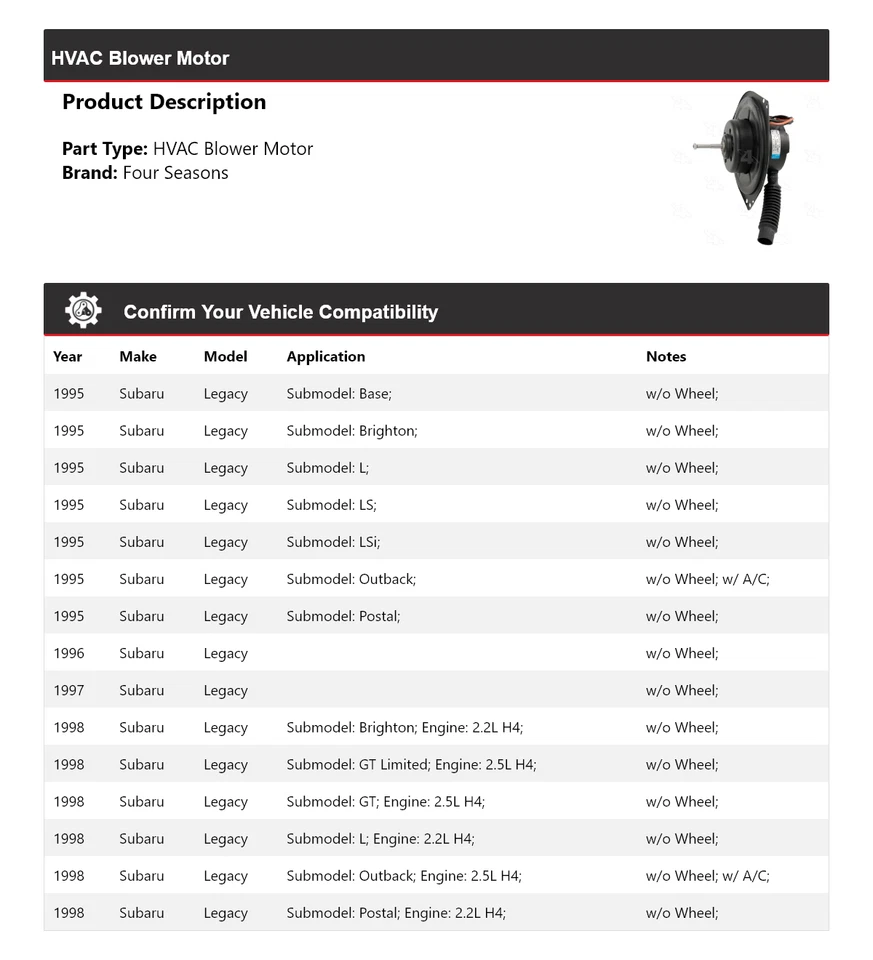 For 1995-1998 Subaru Legacy HVAC Blower Motor 4 Seasons 1996 1997 - Image 2 of 4