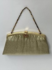 Vtg HL Metallic Gold Framed Evening Bag Purse Convertible Clutch Chain Strap