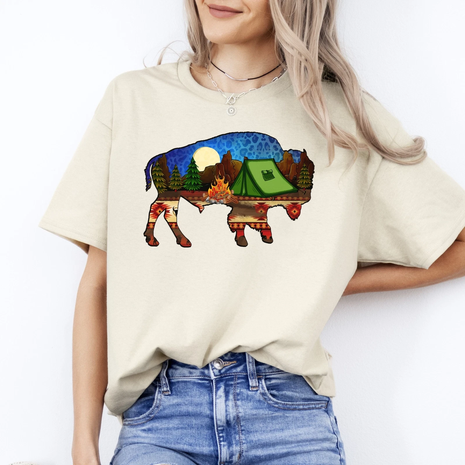 Buffalo tribe camp T-Shirt Buffalo tent bonfire camping Unisex tee White Sand Sp
