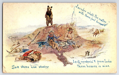 [9i12] Postcard Artist Signed CMR 1907, Sun Shine and Shadow, Cowboys Bear Horse