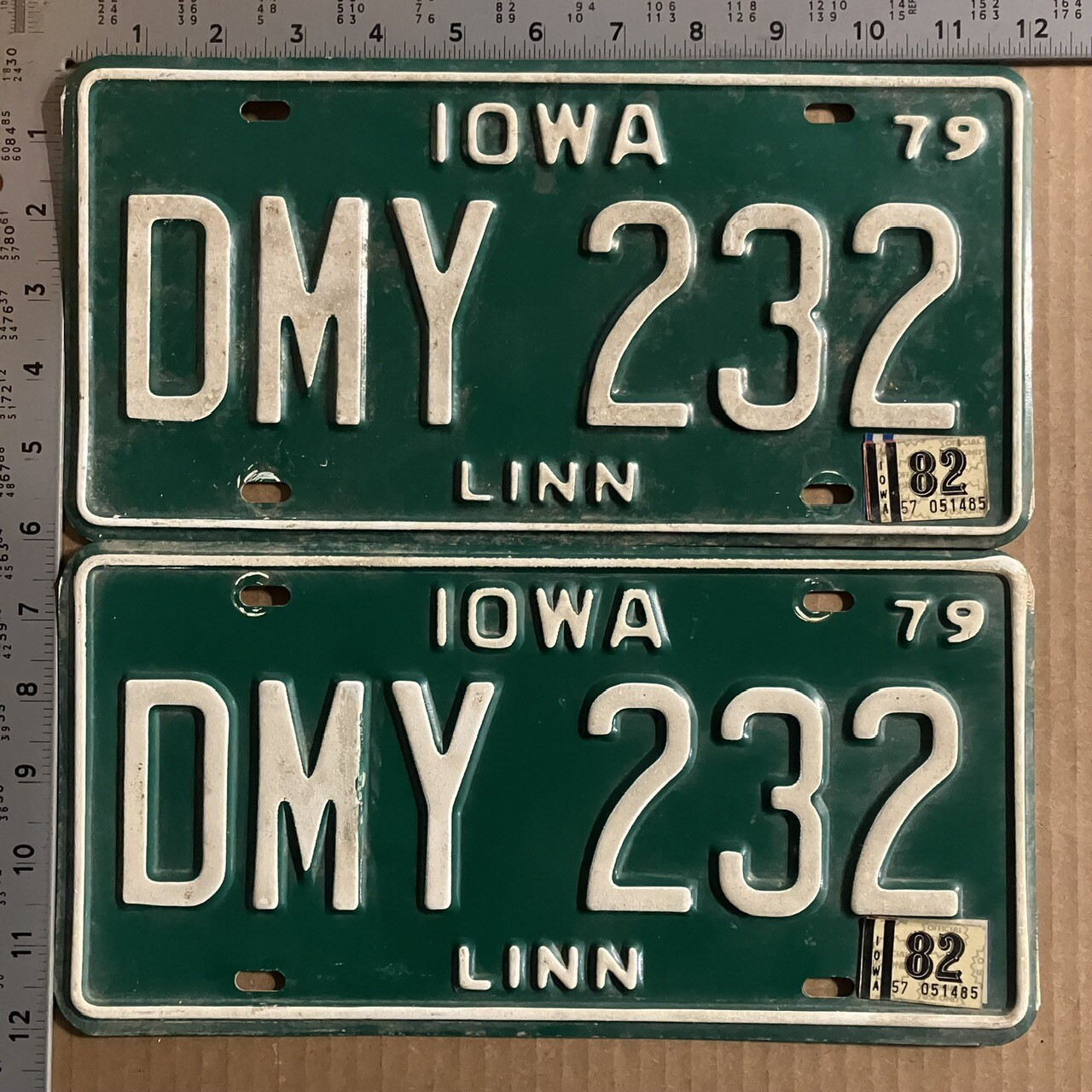 1982 Iowa license plate pair DMY 232 YOM DMV Linn Ford Chevy Dodge