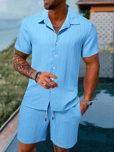 Conjunto de 2 trajes informales de manga corta y pantalones cortos de verano para hombre❤ - Imagen 16 de 23