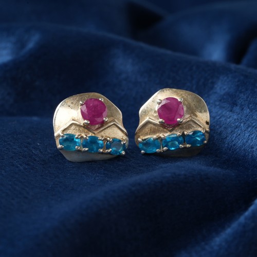 Natural Ruby And Apatite Gemstone Studs Sterling Silver Sunrise Earrings Gifts - Picture 7 of 7