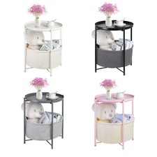 Round Side Table with Fabric Storage Basket, Metal Small Bedside Nightstand