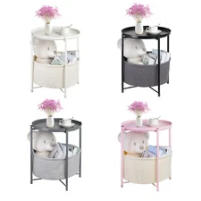 Round Side Table with Fabric Storage Basket, Metal Small Bedside Nightstand