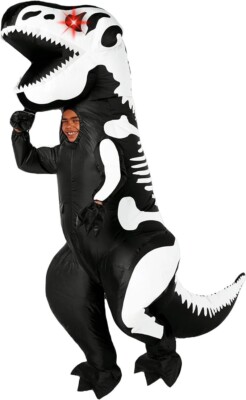 Kids Inflatable T Rex Skeleton Costume Light Up Eyes Blow Up Dinosaur  Halloween