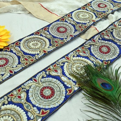 Vintage Sari Border Blue Hand Embroidered Craft Trim Lace 1Yd Sewing Ribbon Zari