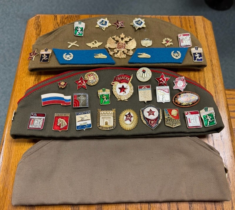 Three Russian Military Hats with Pins and Patches Russian Military Belt + Buckle