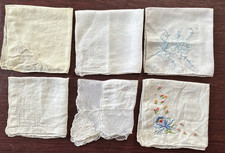 Antique Vtg Linen 6 Lot Handkerchiefs, Hankies Embroidery Cutwork Lace Edge - EX