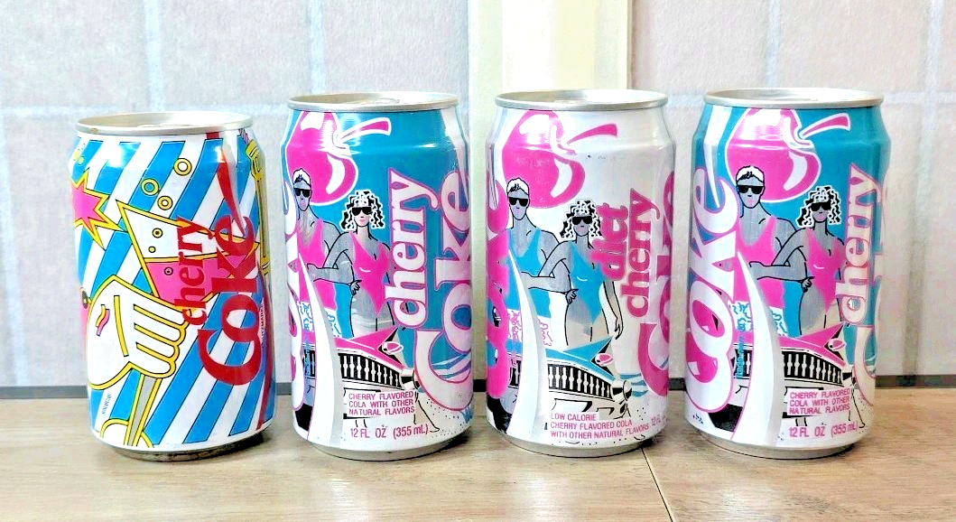 VTG Cherry Coke Pop Art Can Lot x 4 Beach Graphics + Germany