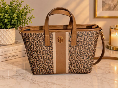 Tommy Hilfiger Brown Tan Monogram Small Satchel, Open, Gold, Detach Strap