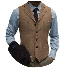 Tuikayoo Men's Tweed Suit Vintage Vest Herringbone Wool Prom Waistcoat Grooms...