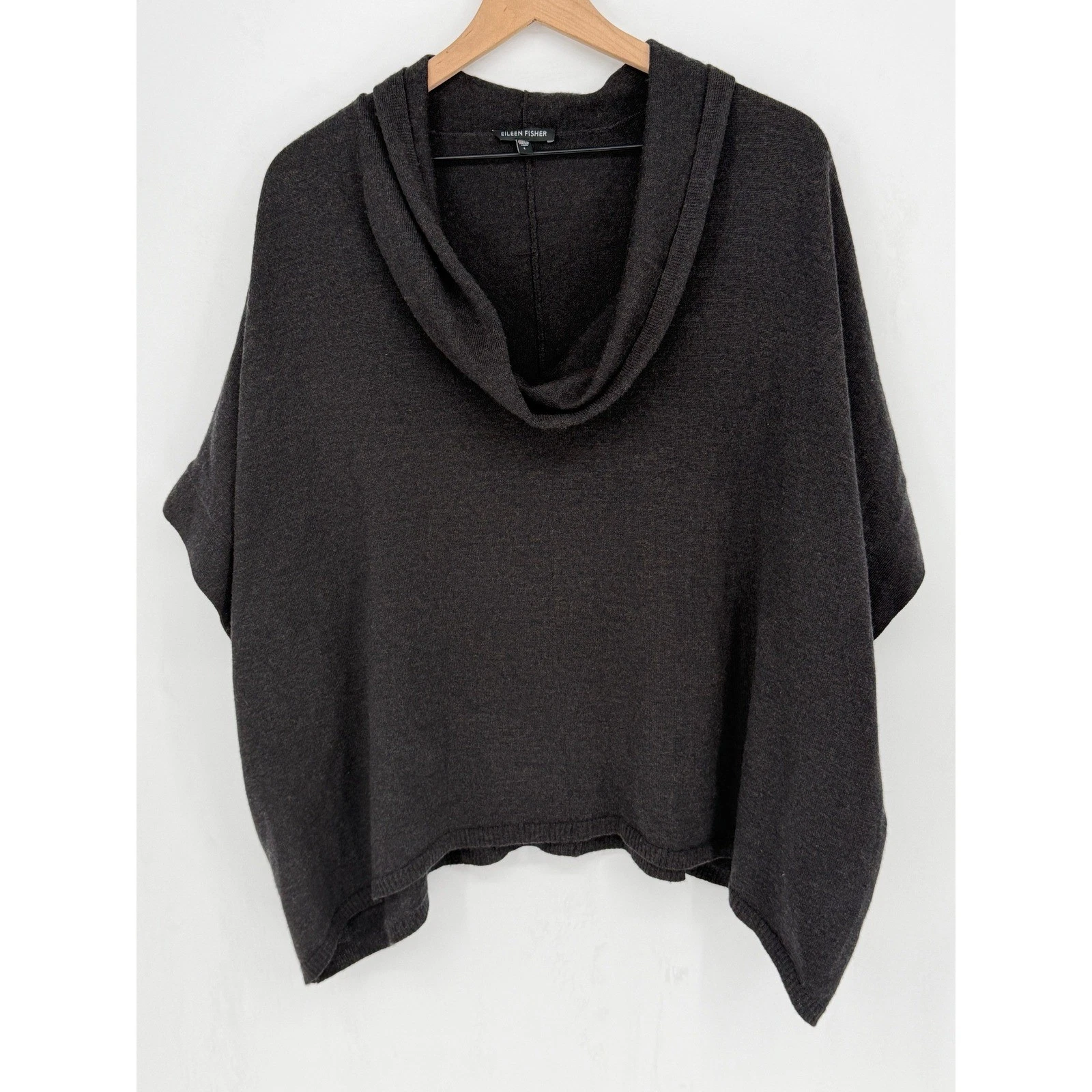 Eileen Fisher Sweater Large Poncho Cape Style Grey 100% Merino Wool Cowl Neck