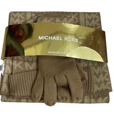 Michael Kors Women Gold Monogram Scarf Hat Gloves 3-Piece Gift Set Camel NEW