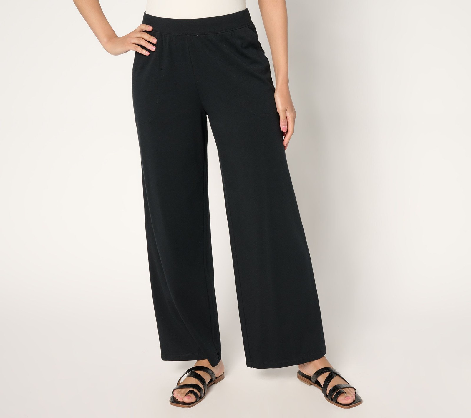Denim & Co. Regular Beach Jersey Full Length Wide Leg Pants Black XXS Used