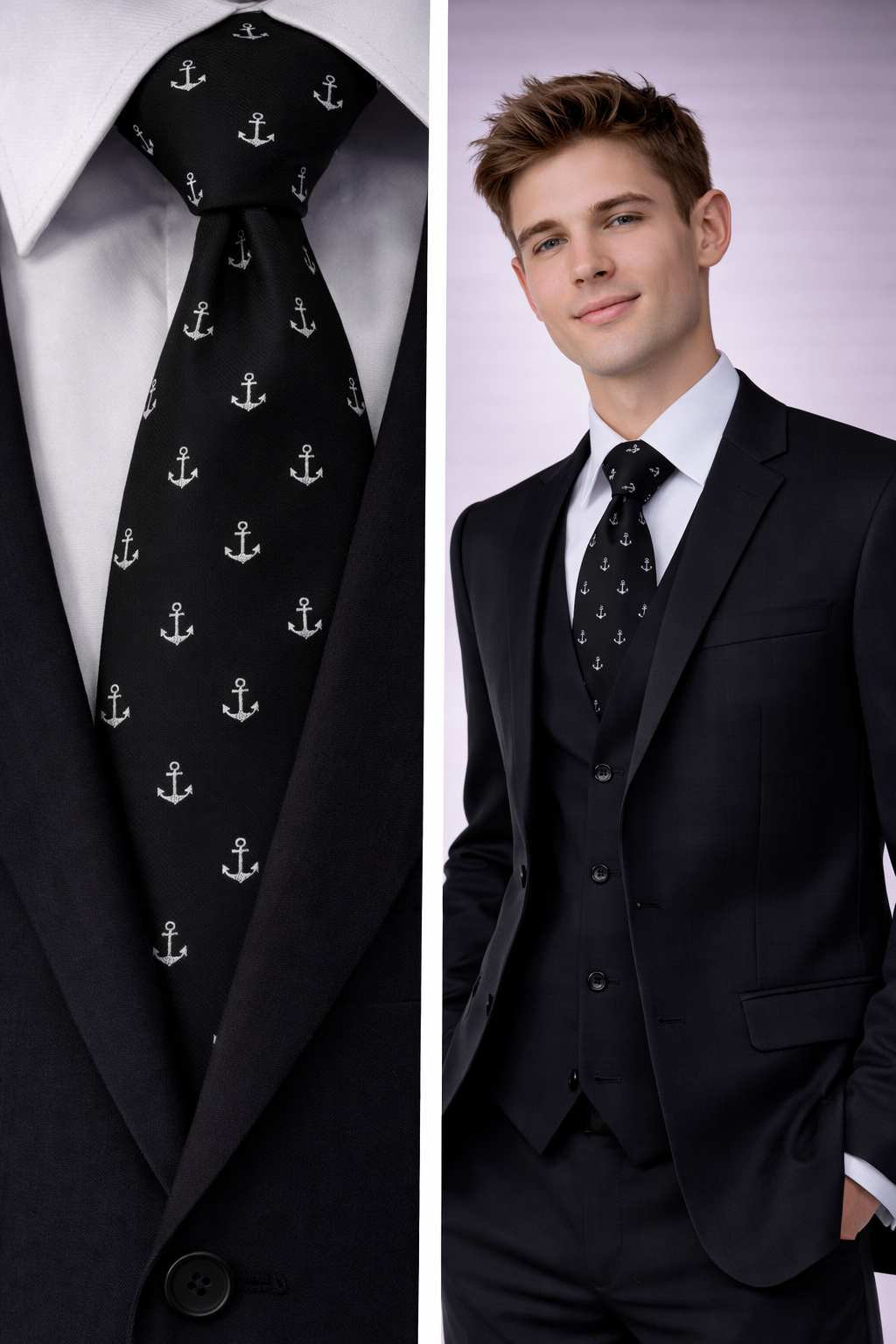 Anchor Men's Tie Twill Black Novelty Sailor Design White UK