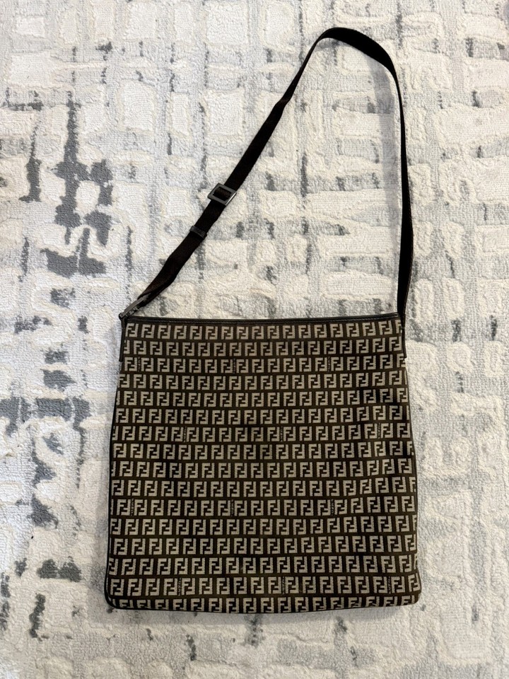 FENDI Zucca Monogram Shoulder Crossbody Bag Brown Large Adjustable Strap