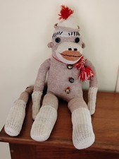 Vintage Handmade Stuffed Sock Monkey Great Condition 19" Standing