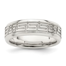 Sterling Silver Greek Key Wedding Band No Stone Polished Flat 6mm With Bevele...