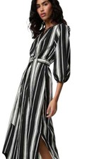 M&S Black White Striped Belted Linen Midi Dress Size 18 Petite
