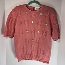 Vtg Deans of Scotland Sweater Womens Medium Pink Floral Cottagecore Cableknit