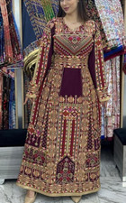 Handmade Palestinian Embroidery custom Dress Fashion Thobe red Long Sleeves