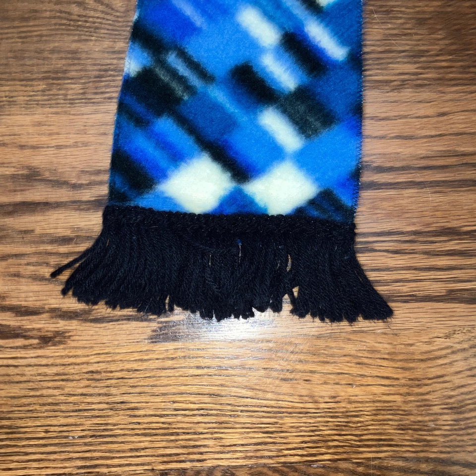 Bufanda vintage años 50 polar azul patrón geométrico con flecos de hilo Foto 2 de 4