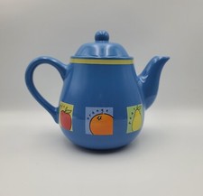 RAYWARE Blue & Yellow Large Ceramic Teapot with Apple, Orange & Pear, VGC.