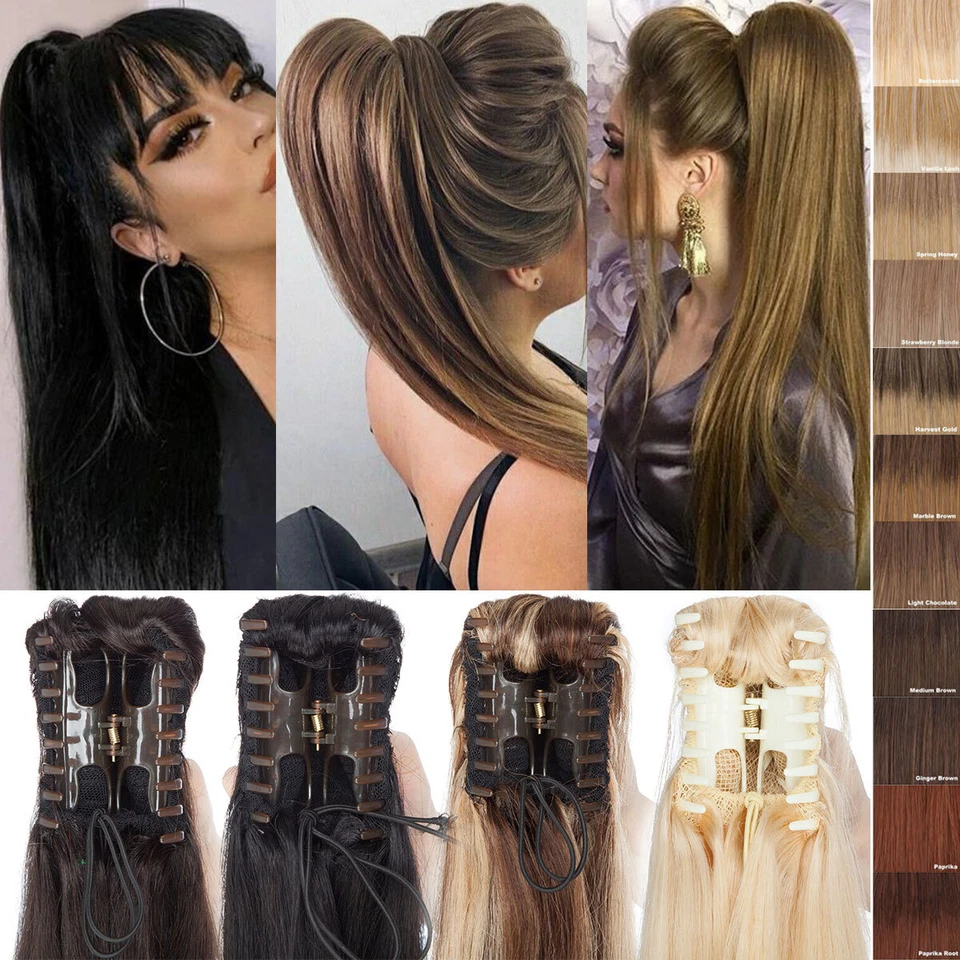 Ponytail Clip In Remy Real Human Hair Extension Wrap Around Claw Hairpiece Black - Image 2 of 4