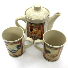 VTG Bay Island Rooster Set Teapot with Lid and Matching Pair of Mugs Farmhouse