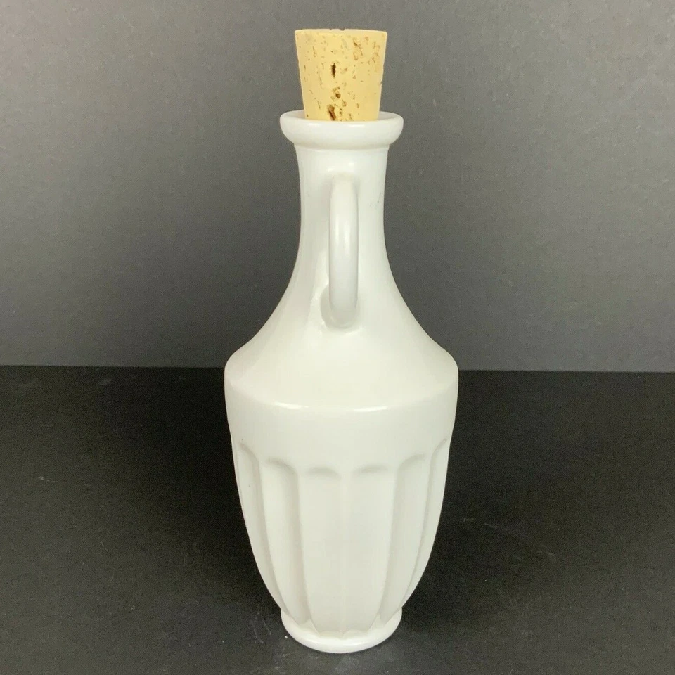 Jarra de vidrio de leche vintage tapón de corcho diseño estriado dispensador de jarabe/aceite blanco Foto 2 de 4