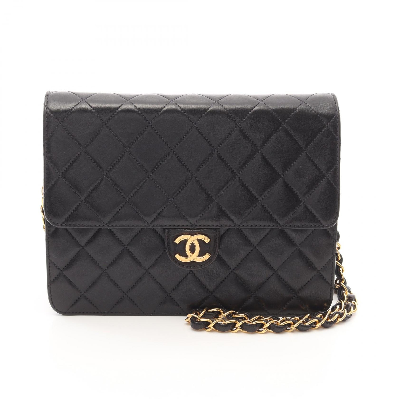 CHANEL Matelasse Single Flap Shoulder Bag in Black Lamb Leather with Gold Hardware CC