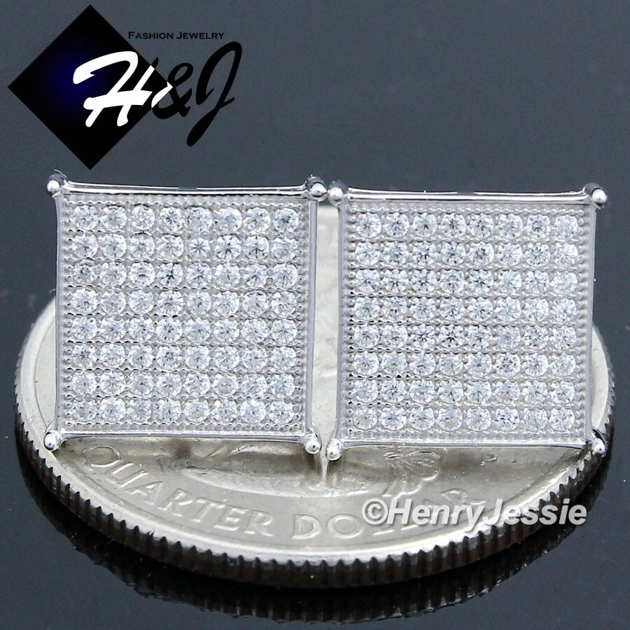 MEN 925 STERLING SILVER ICY BLING CZ 10MM SQUARE PUSH BACK 3D STUD EARRING*SE29 - Image 2 of 3