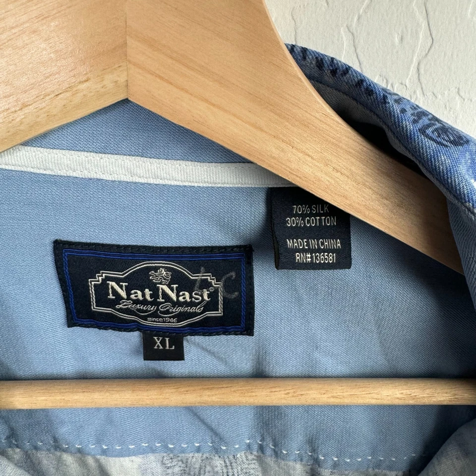 Nat Nast шелк геометрический гавайский Мужская рубашка Sz XL на пуговицах синий короткий рукав - Изображение 3 из 3