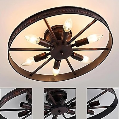 6-Light Wheel Flush Light Fixture Industrial Loft Style Wrought Iron Indoor Lamp