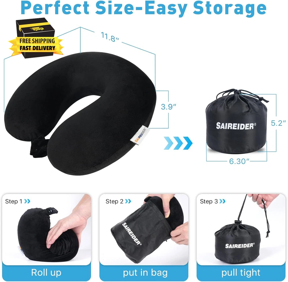 Travel Pillow 100% Pure Memory Foam Travel Neck Pillow with Storage Bag, Airplan