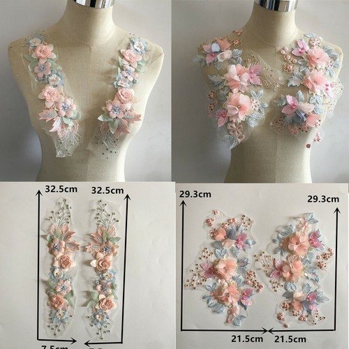 1 Pair Pearl Flower 3D Applique Lace Collar Trim Embroidered Sewing Patch DIY - Picture 3 of 12