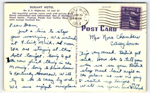 Postkarte Hotel Durant Flint Michigan MI Leinen PM 1953 Straßen und Autos - Bild 2 von 2