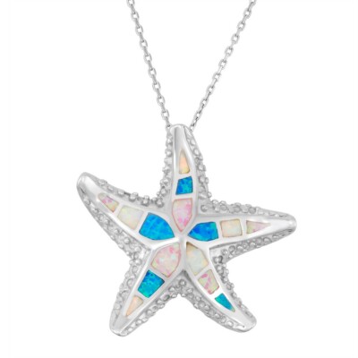 Sterling Silver Created Blue Opal Starfish 18" Pendant Necklace - Beach Inspired Nautical Jewelry