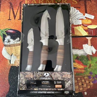 MOSSY OAK LEATHER WRAPPED HUNTING KNIVES GUT HOOK/SHEATHS #7519