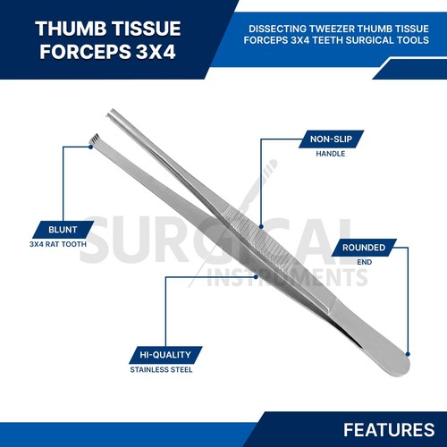 Pinzas de tejido para pulgar 3 piezas 5,50" 3X4 dientes acero inoxidable grado alemán - Imagen 2 de 9