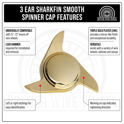 3 Bar Swept Gold Knock Off Spinner Caps for Lowrider Wheels, Set of 4 + Hammer - Picture 3 of 10