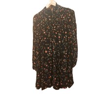 Ganni  Dress Women Size UK 8 Black Ruffle Neck Floral Pleated Lined Knee Length 