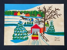 Maud Lewis drawing and painting on old paper signed stamped vintage