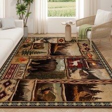 Vintage Moose Bear Cabin Rugs for Living Room 5'x7', Non-Slip Machine Washabl...