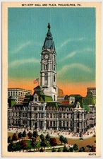 Philly City Hall Plaza Postcard ~1900s Linen Half-Tone
